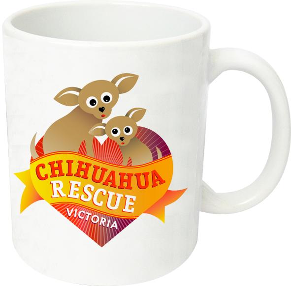 metal ceramic mugs with the Chihuahua Rescue Victoria logo from Graphic Tees Australia!